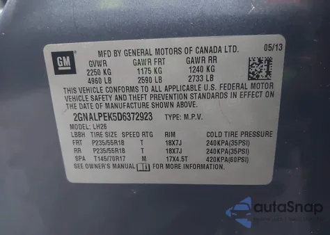 2013 Chevrolet Equinox 2Lt из США, поврежденный, VIN 2GNALPEK5D6372923